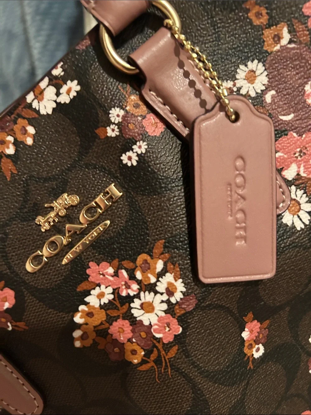 Coach Leah Medley Bouquet Brown Floral Signature Satchel with Mauve trim